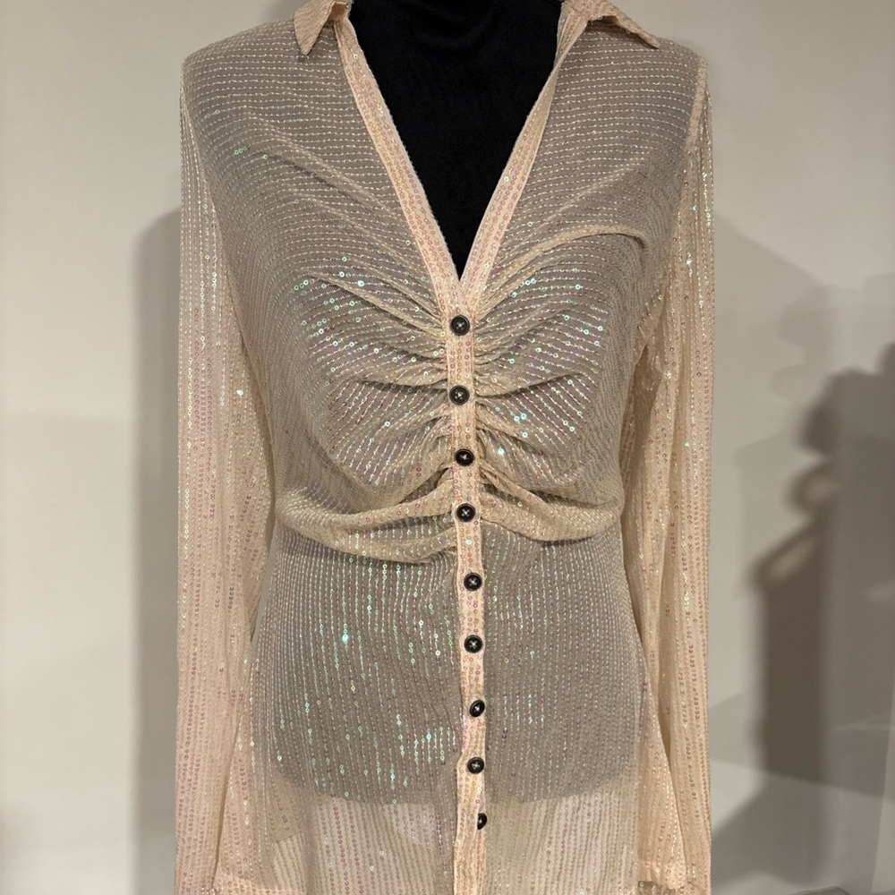 Free People Sheer Sequin Button-Front Blouse in Champagne